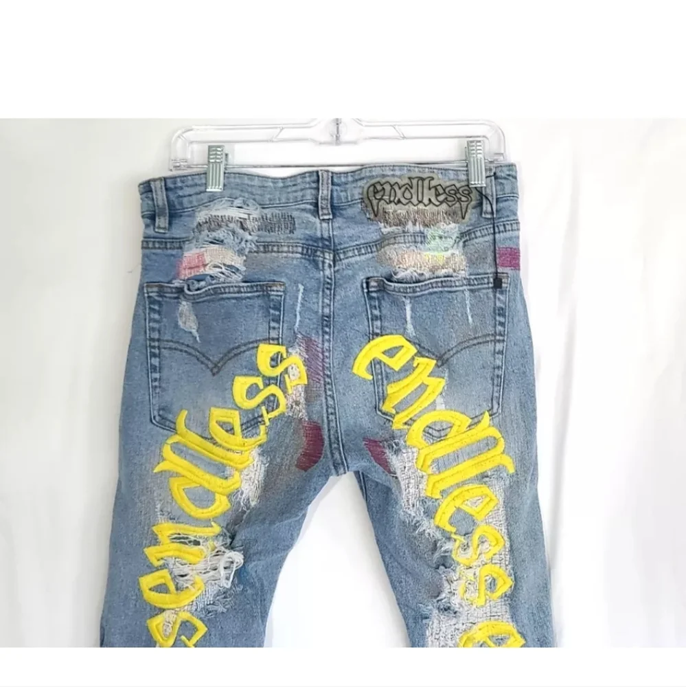 Endless Mens Designer Destroyed Embroidered Applique Skinny Jeans 31 X 31 - Picture 5 of 8